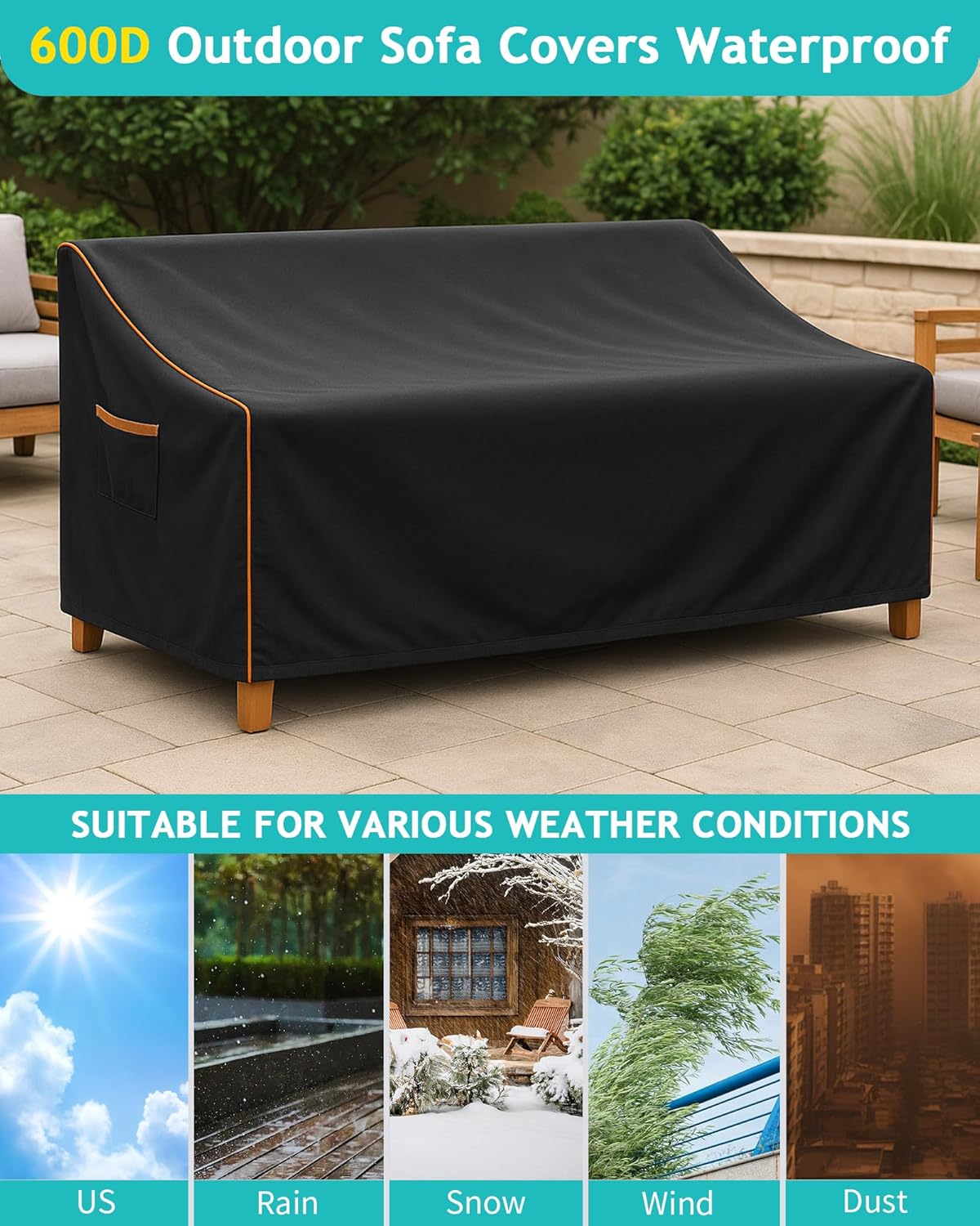Outdoor Sofa Cover, Waterproof Patio Furniture Cover 90W x 36D x 33H inches Heavy Duty 600D Oxford Fabric Black