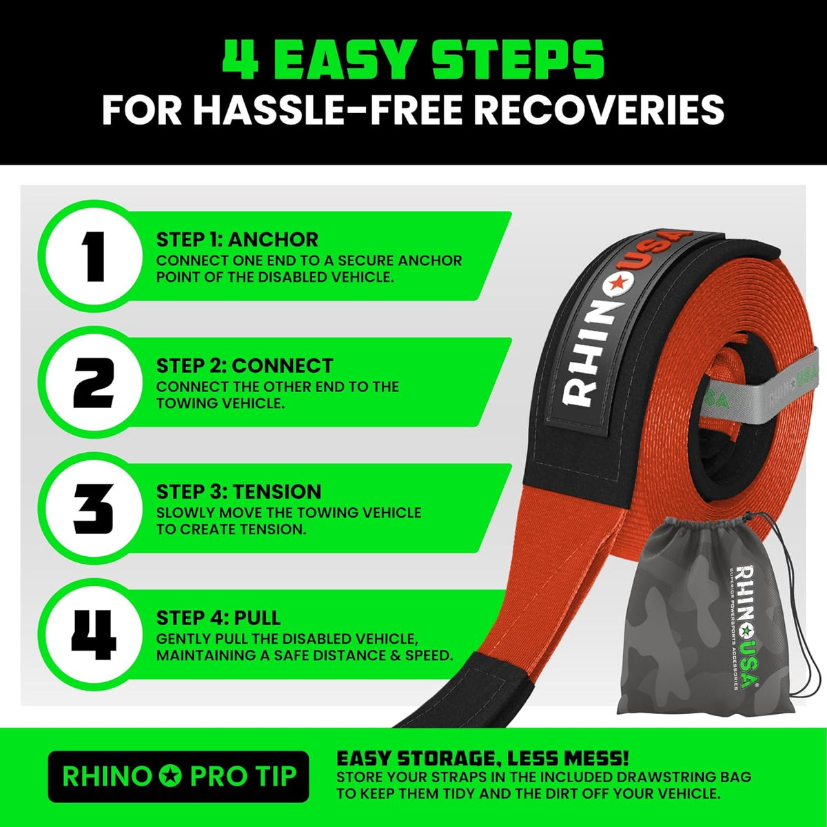 Rhino USA Recovery Tow Strap (3"x30') - 31,518lb Break Strength - Emergency Recovery Strap Tow Rope for Truck, UTV, ATV & More - Heavy Duty Towing Strap for Offroad 4x4 Use- Compatible with Jeep (Red)