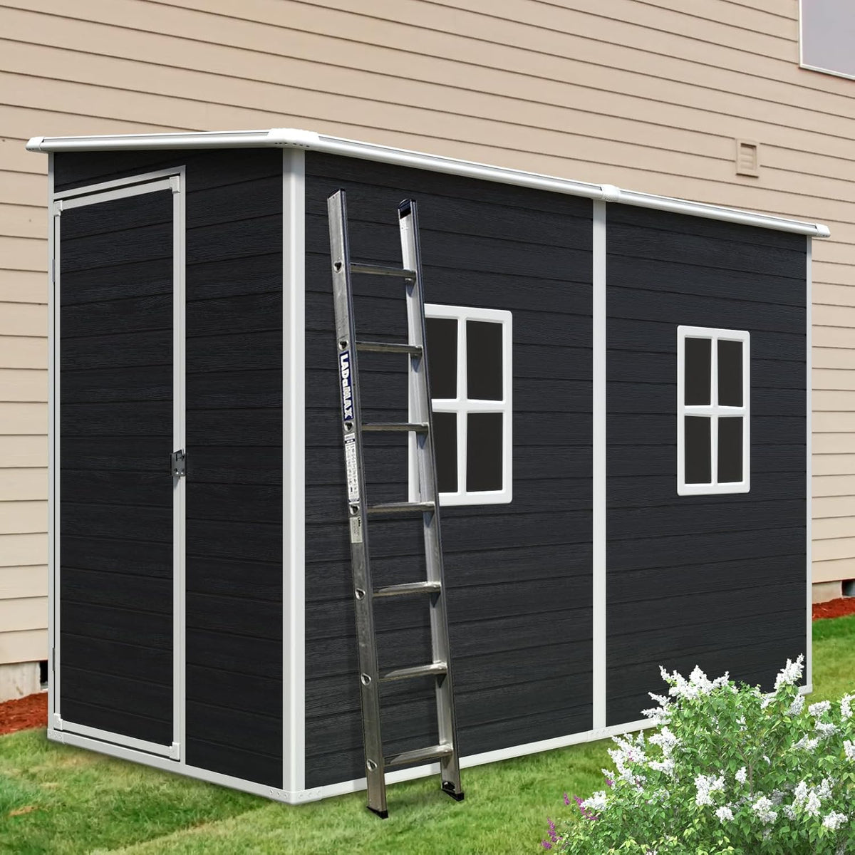 4x8 FT Outdoor Storage Resin Shed with Floor,Waterproof Plastic Garden Bike Shed with Lockable Door, Sloped Roof, Vents & Windows, Easy Assembly Tool Shed for Lawn, Backyard, Patio, Black