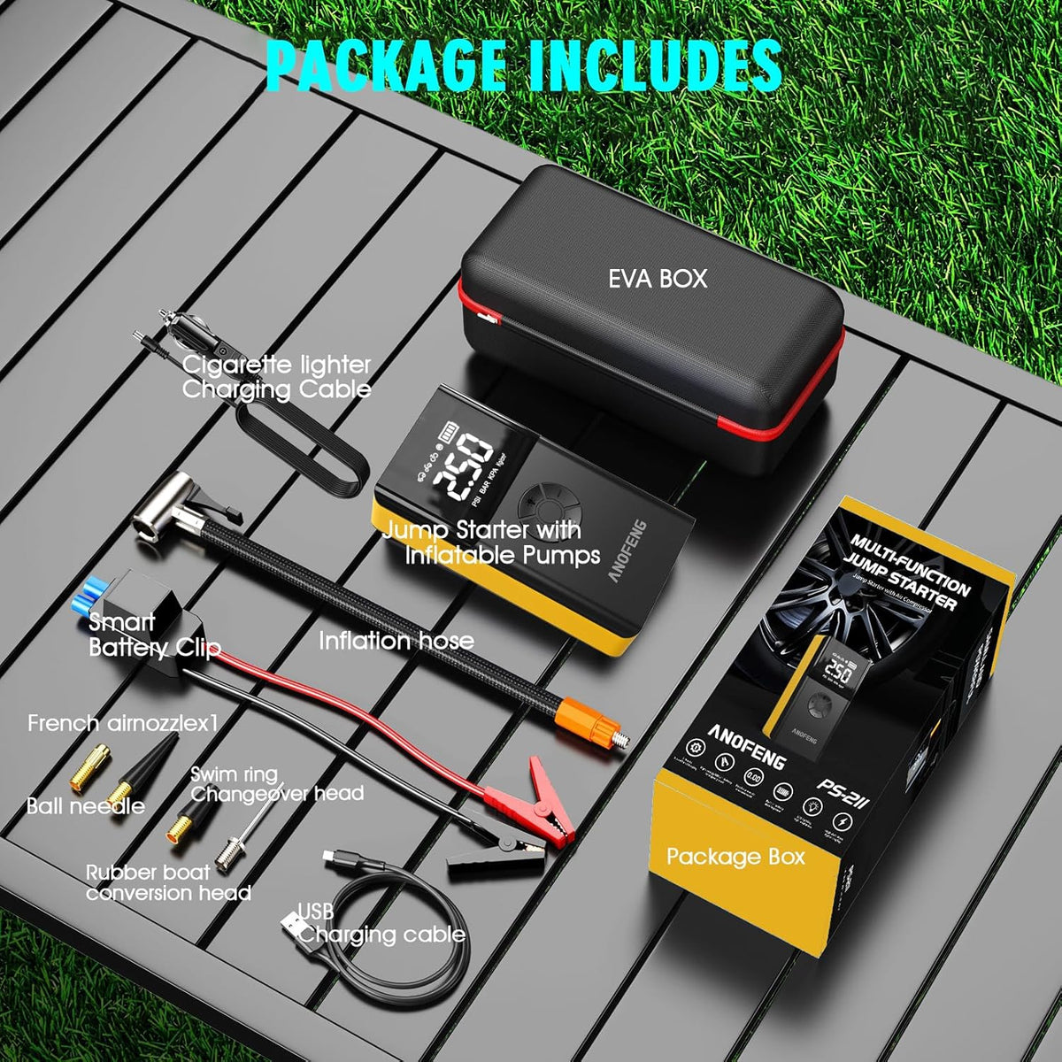 Portable 3000A Jump Starter with Air Compressor,150 PSI Air Pump 12V Jump Box for Car Battery Jump Starter (10L Gas/8L Diesel) with Jumper Cable,3 Modes Flashlight,LCD Display