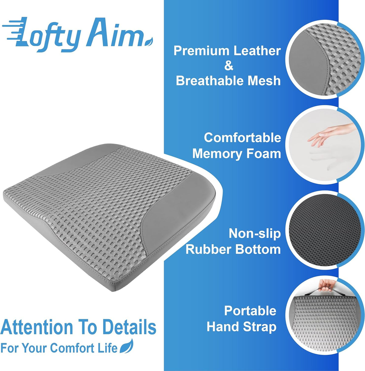 Car Seat Cushion, Comfortable Memory Foam Seat Pillow for Driving, Sciatica-Back Pain Relief, Cushion for Car-Truck, Office, Wheelchair - Dark Grey