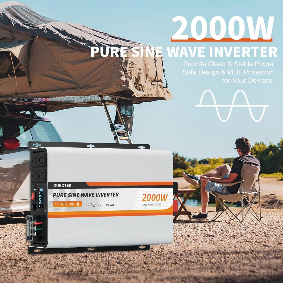 2000W Pure Sine Wave Inverter 24V DC to 120V AC Converter for Truck Boat Camping Outdoor Solar System, 2000 Watt Power Inverter with LCD Display, Remote Controller, USB Port, 4 AC Outlets