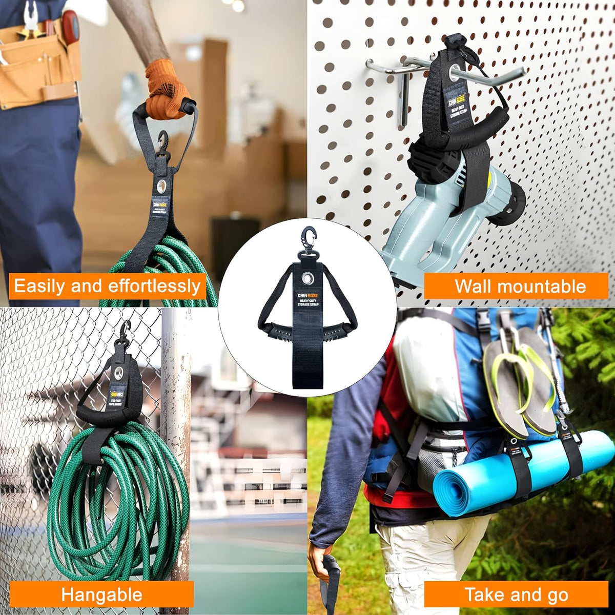 Extension Cord Holder Organizer 3 in 1 Multifunction, 4 PCS Heavy Duty Storage Straps with Carrying Handle and Grommet Fit Extension Cords, Cables, Ropes, Garden Water Hoses Carrying and Hanging