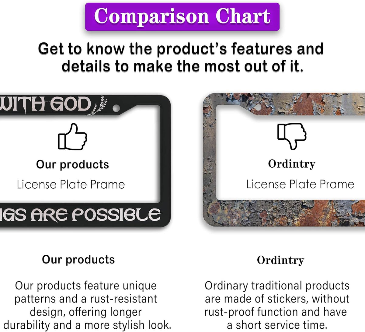 License Plate Frame Black and White Front License Plate Bracket with God All Things are Possible Universal Aluminum Car Accessory 2 Pack with Screw Covers Set