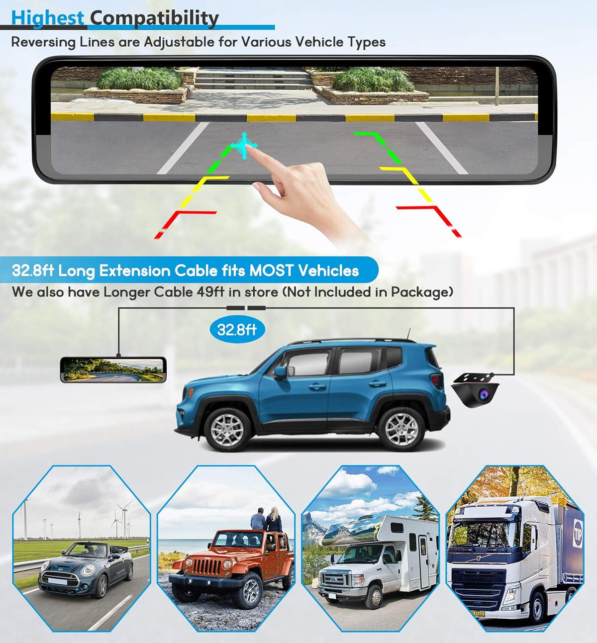 PORMIDO Triple Mirror Dash Cam 12" with Detached Front and in-Car Camera,Waterproof Backup Rear View Dashcam Anti Glare 1296P IPS Touch Screen with Sony Sensor,Starvis Night Vision,GPS,Parking Assist