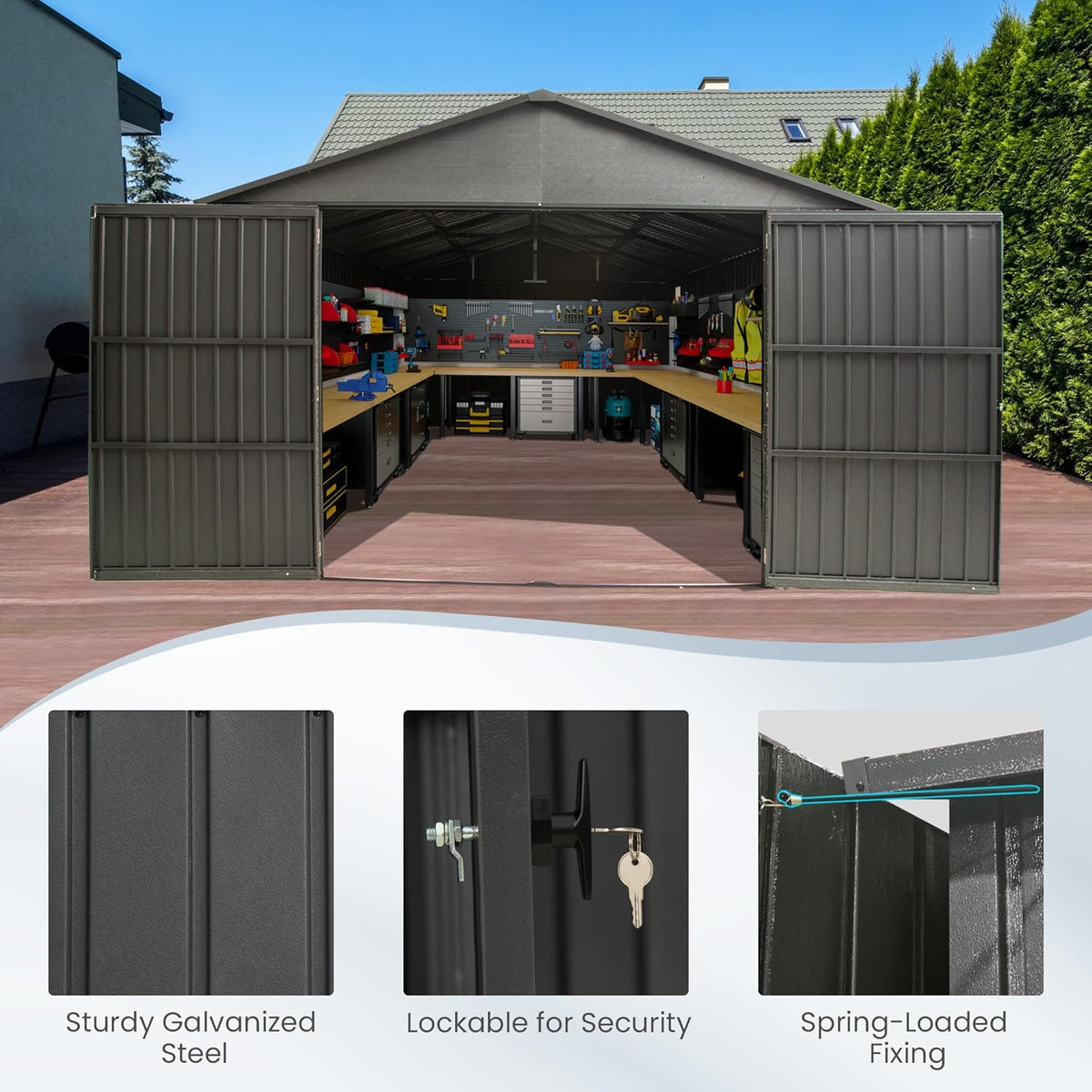 Domi 12'x15' Metal Garage Shed, Heavy Duty Outdoor Steel Carport with Lockable Double, Side Doors, 80MPH Wind and Snow Resistant Enclosed Storage for Cars, Trucks, Motorcycles, Tools, Dark Grey