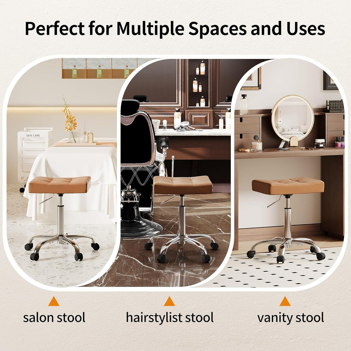 Rolling Stool Adjustable Height (300lbs Capacity) (Sturdy Base) Multifunctional Nail Tattoo Vanity Massage Stool (Camel Brown)