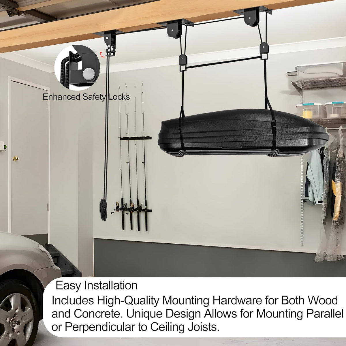 2025 Upgrade Cargo Box Garage Pulley System, Garage Ceiling Hoist Heavy-Duty Holds up to 150 lbs Capacity, Fit 10-14 Foot Ceilings, Black