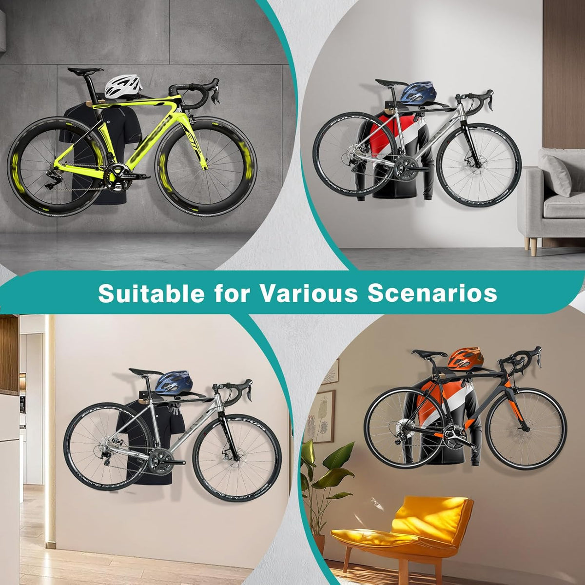 Bike Wall Mount Rack, Horizontal Bicycle Storage Hanger for Garage, Home, Apartment, Wall Mounted Bike Holder with Hook and Shelf for Cycling Accessories Organization, Heavy-Duty Metal