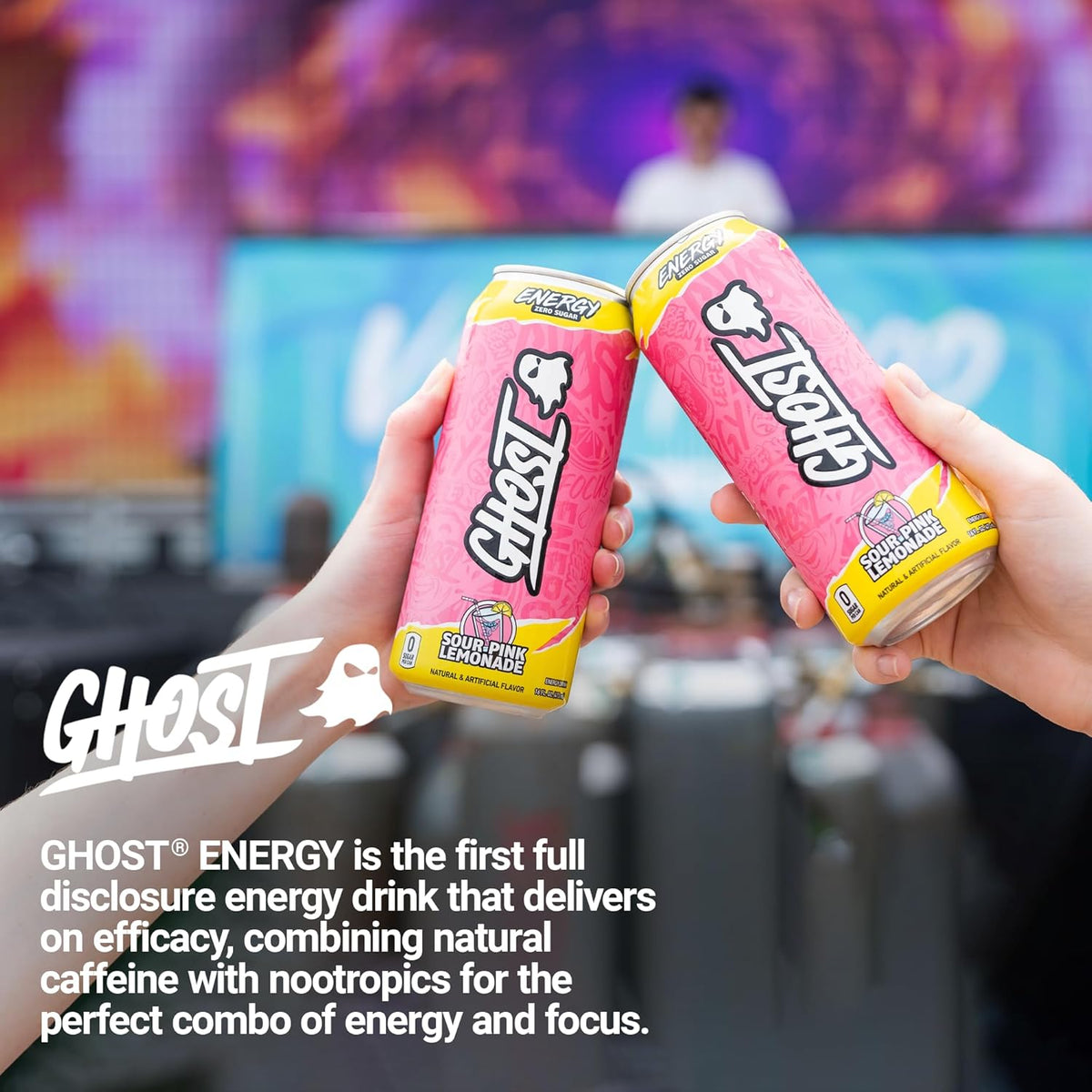 GHOST Energy Drink - 12-Pack, Sour Pink Lemonade, 16oz Cans - Energy & Focus & No Artificial Colors - 200mg of Natural Caffeine, L-Carnitine & Taurine - Gluten-Free & Vegan