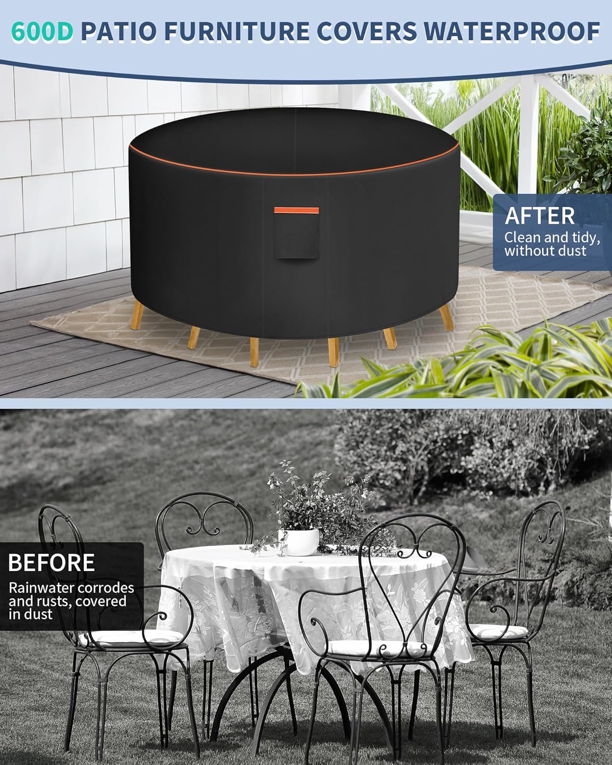 Round Patio Furniture Cover, 110 Inch Diameter Waterproof 600D Heavy Duty Table and Chair Set Protection Black