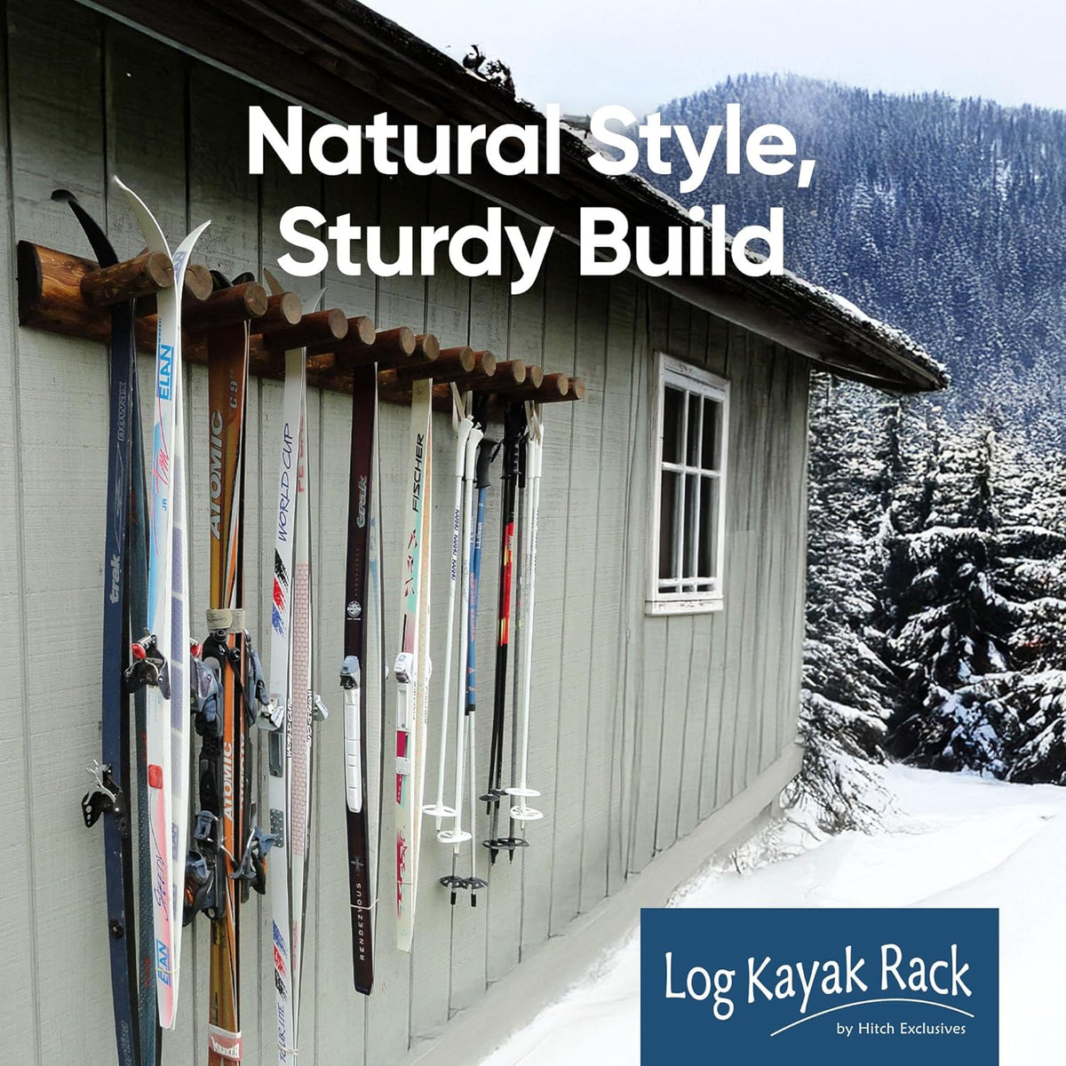 14-Place Log Ski Rack Wall Mount, Indoor Ski Storage Rack for Garage Organizers, Wooden Skis Wall Mount Storage Racks, Pole Skis Sports Racks, Garage Organization Walls - Canyon Brown