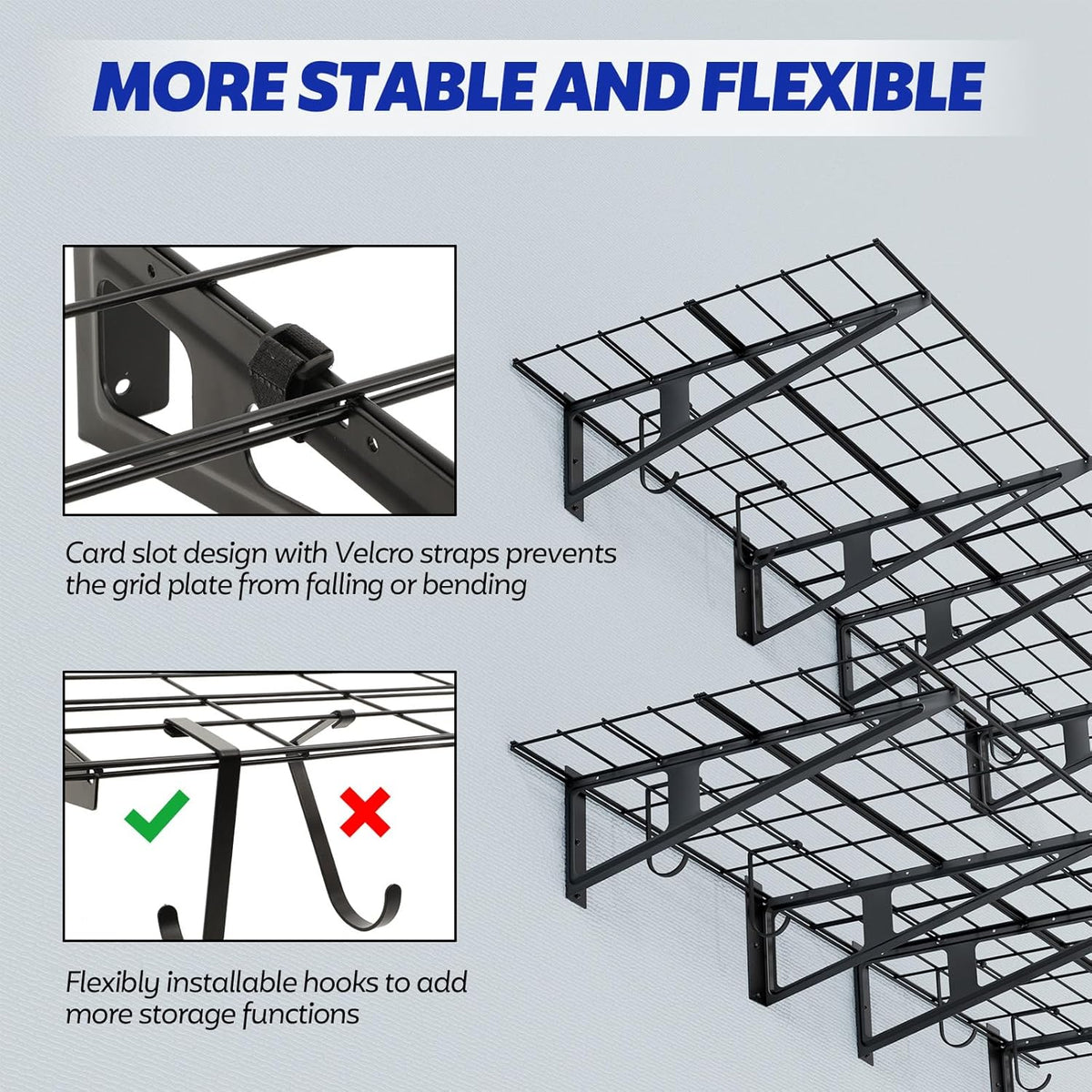 2-Pack Garage Wall Shelving, 2x6 FT Garage Shelving Wall Mounted, Heavy Duty Metal Shelves with 8 Bike Hooks, 1200lbs Load Capacity Floating Shelves, 24-inch-by-72-inch Wire Shelving Wall Mounted