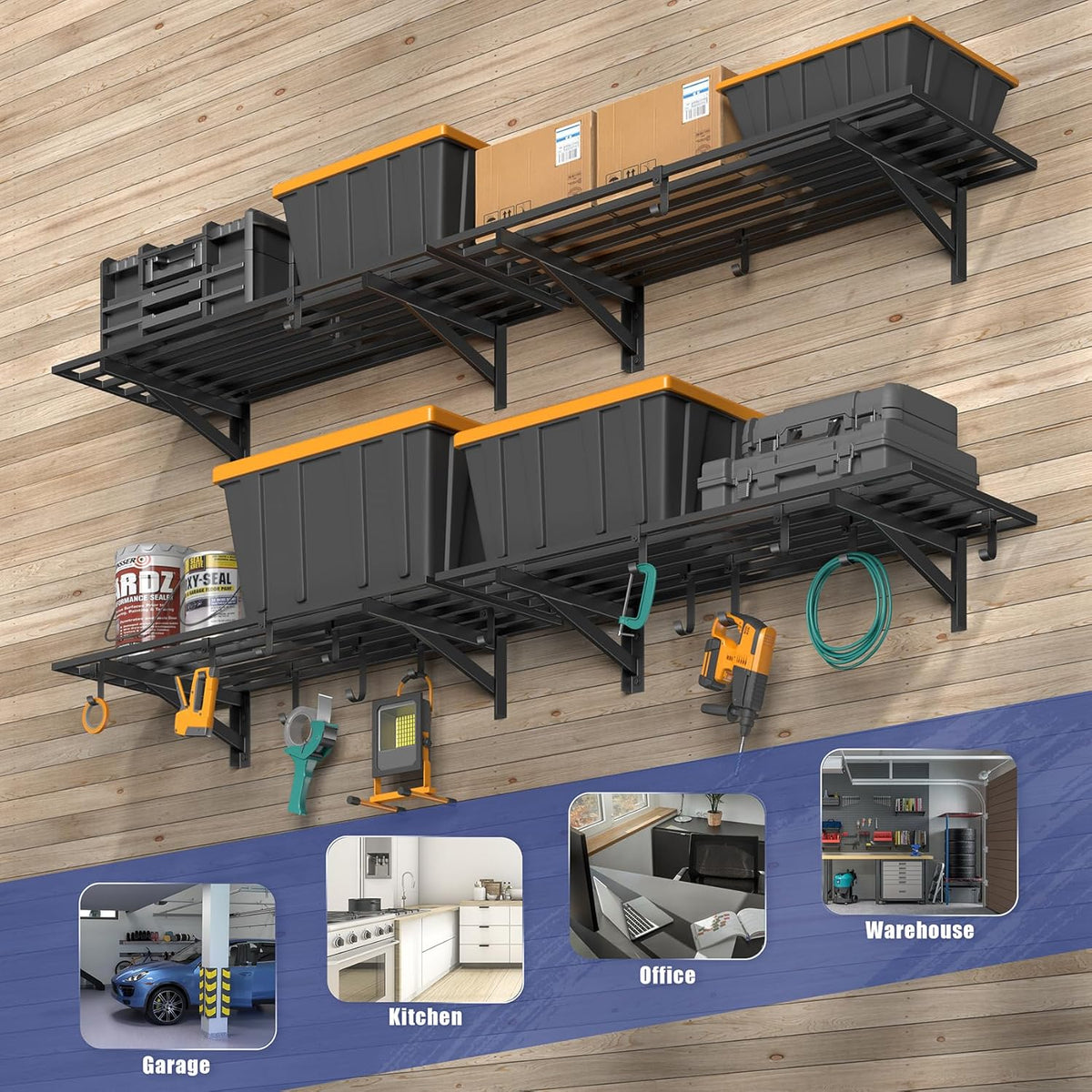 4-Pack 1.5x4ft Garage Shelving Wall Mounted, 1.5 x 4' Heavy Duty Garage Storage Shelves with Hooks, 800LB Capacity