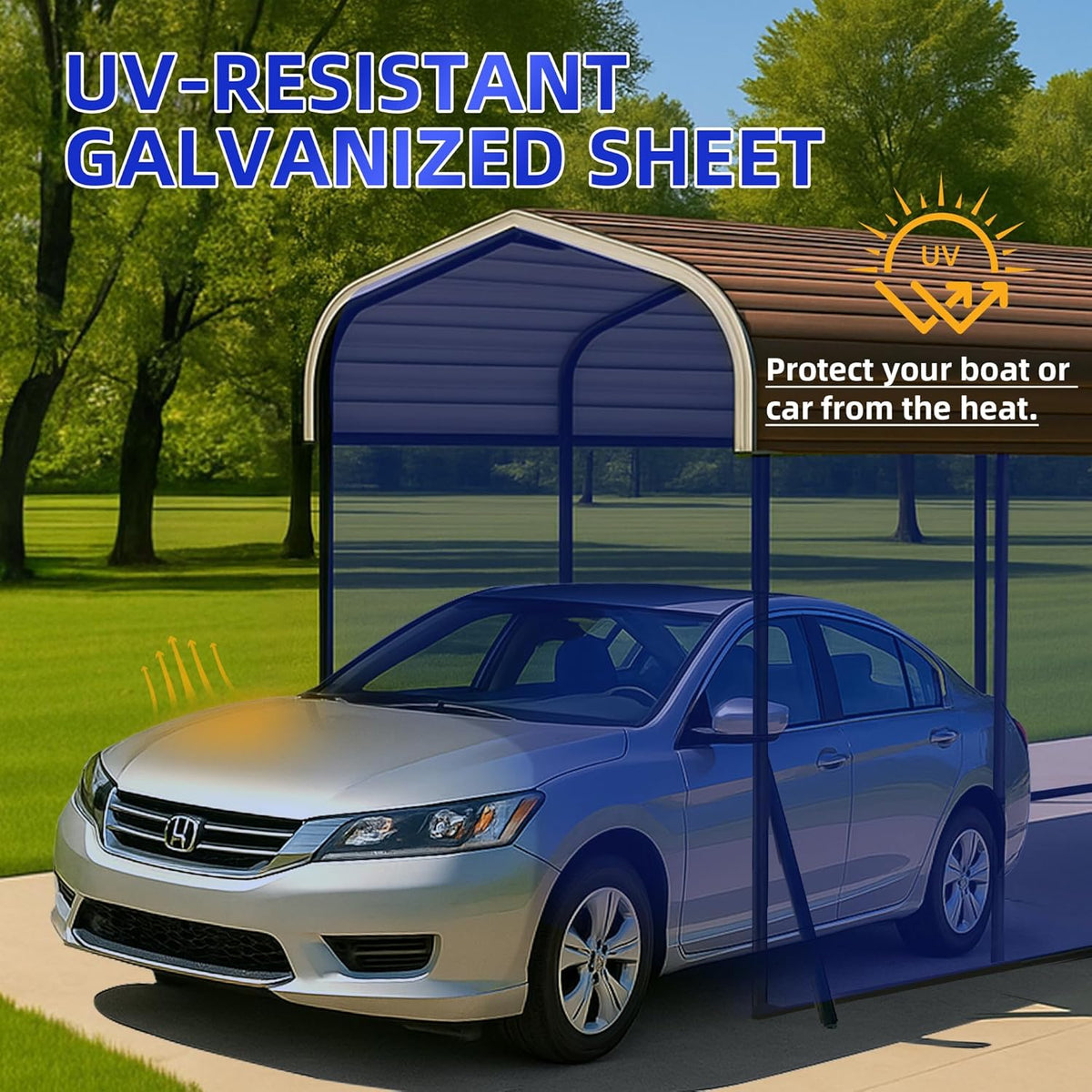 12x20 Metal Carport with Base Fixings Heavy Duty Garage Outdoor Chrome Plated Frame and Sheet Metal Construction Suitable for Boats, Cars, Tractors and Agricultural Equipment, Light Gray