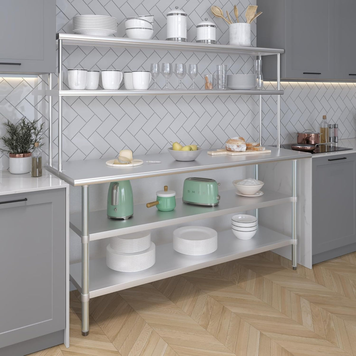 Amgood Stainless Steel Work Table with 2 Shelves | Metal Kitchen Prep Table & Shelving Combo (24" x 72" Table with 2 Shelves + 12" Overshelf)