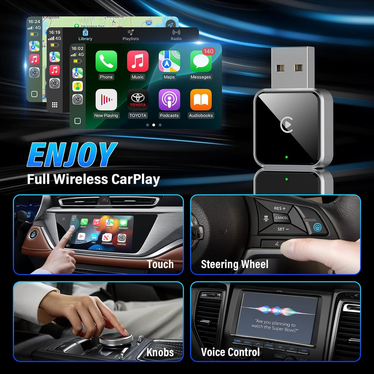Wireless CarPlay Adapter for Apple iPhone, Converts Wired to CarPlay Wireless Adapter, Plug & Play, Easy Use, Fast Stable Connection, for Apple iPhone iOS 10+ and Cars