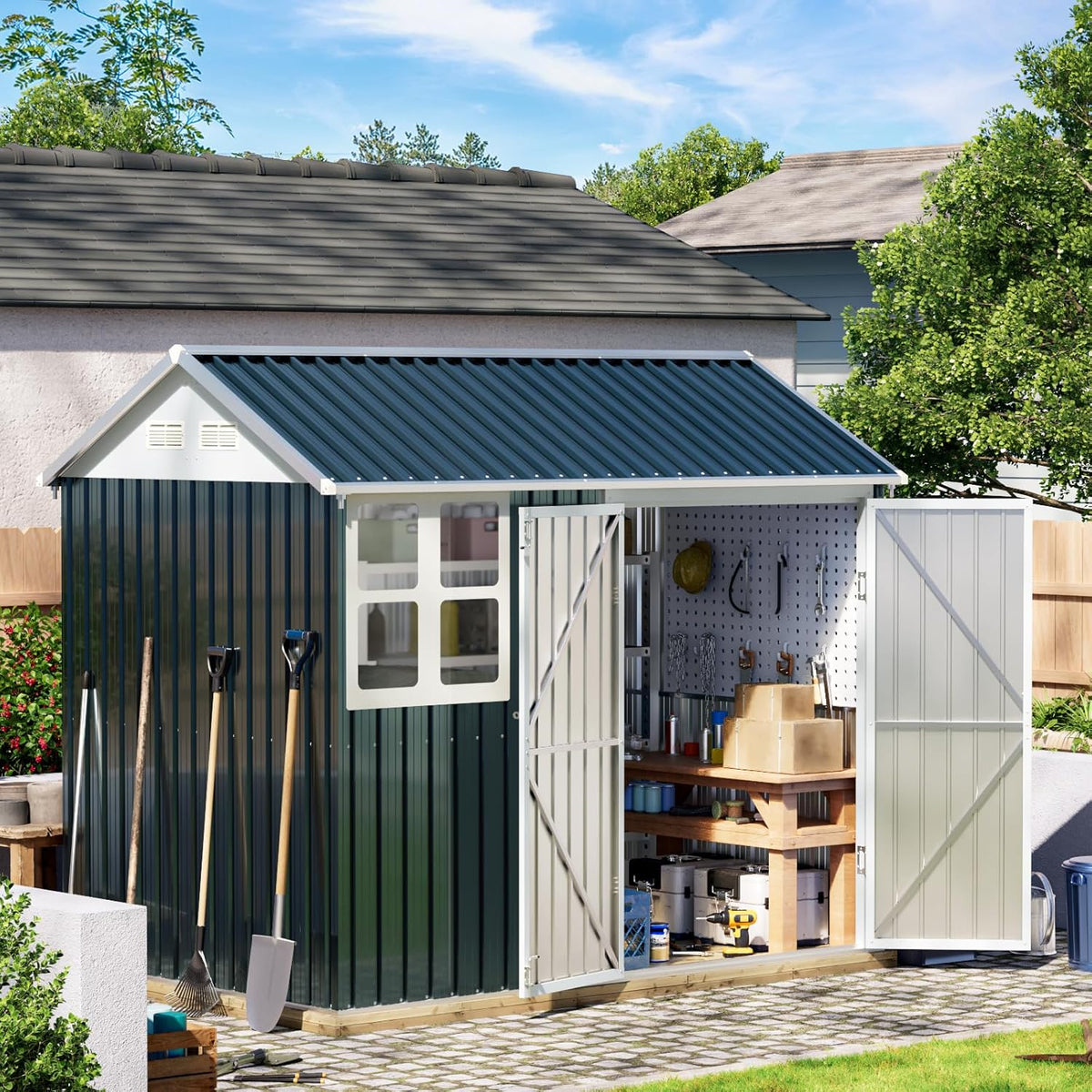 8X6FT Outdoor Steel Storage Shed with Lockable Doors, Frame Floor (No Wood/Other Boards),One Window,Ideal for Garden, Backyard, Patio Storage