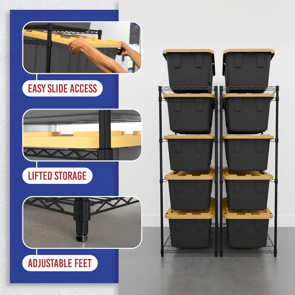 SafeRacks 2 Pack 5-Tier Steel Tote Rack - Maximize Space, Declutter, Organization, NSF Certified, Bin Storage for Garage, Pantry, Kitchen, Workspace, 5 Shelves, 31″ x 23″ x 68″, Black