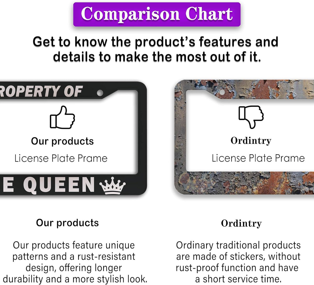 License Plate Frame Black and White License Plate Holder Property of The Queen Universal Aluminum Car Accessory 2 Pack with Screw Covers Set