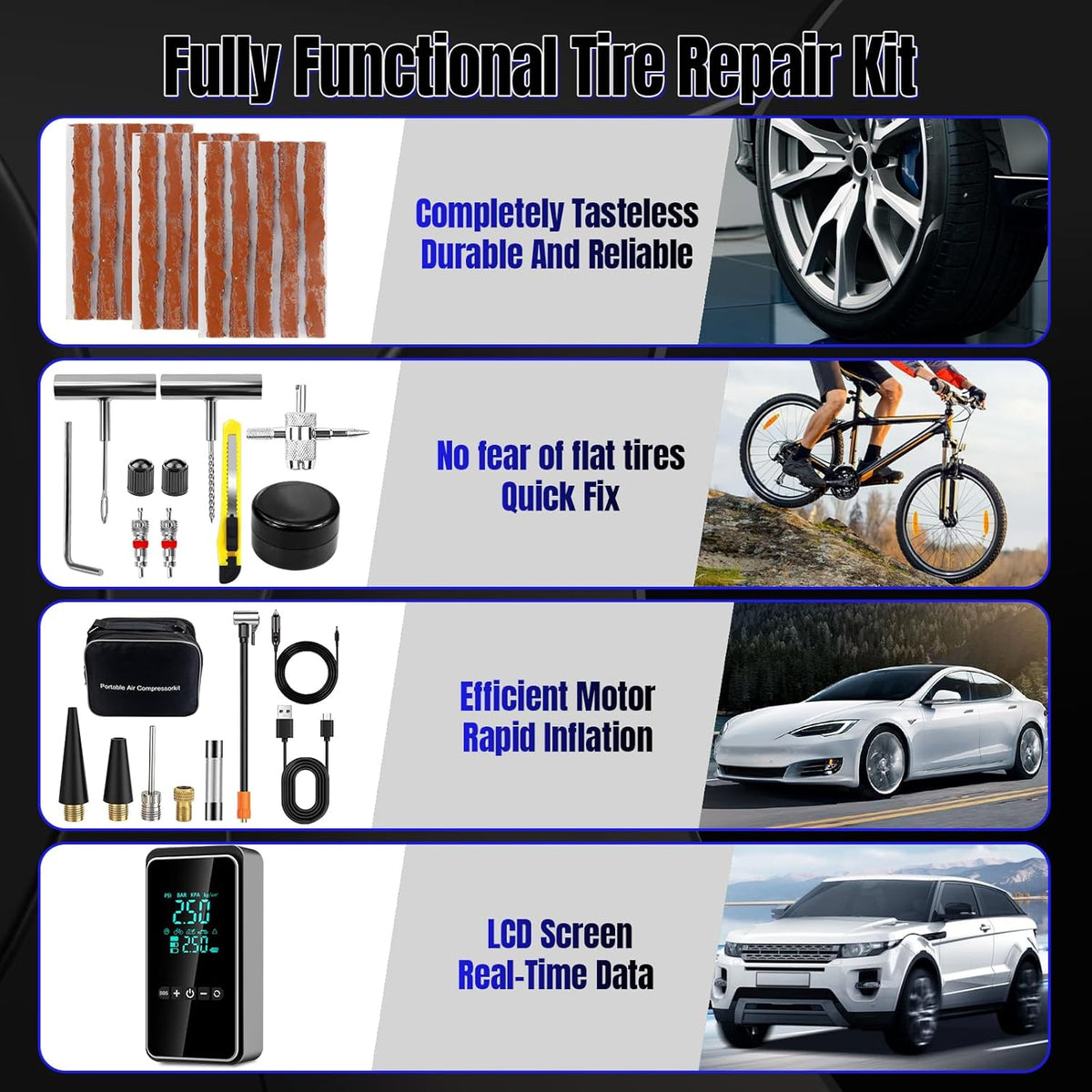 Tire Inflator Portable Air Compressor with Tire Repair Kit, 150PSI & 3X Faster Cordless Tire Pump with LCD Dual Display for Car, Bike, Motorcycle, Ball