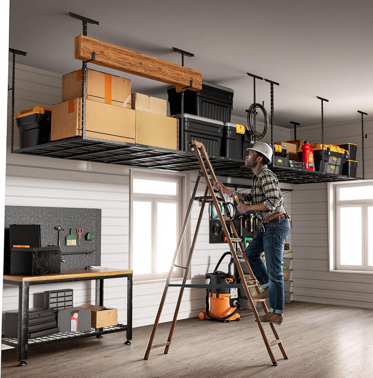 Heavy-Duty 4x8 Overhead Garage Storage Rack – Holds 20% More Weight, 800lbs Capacity, Adjustable Height, 4 Hooks Included for Extra Storage