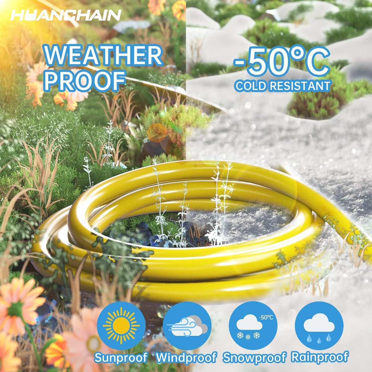 HUANCHAIN Outdoor Extension Cord 60 Foot Waterproof, 16/3 Gauge Flexible Cold-Resistant Appliance Extension Cable Outside, 10A 1250W 16AWG, 3 Prong Heavy Duty Electric Cord Yellow, ETL