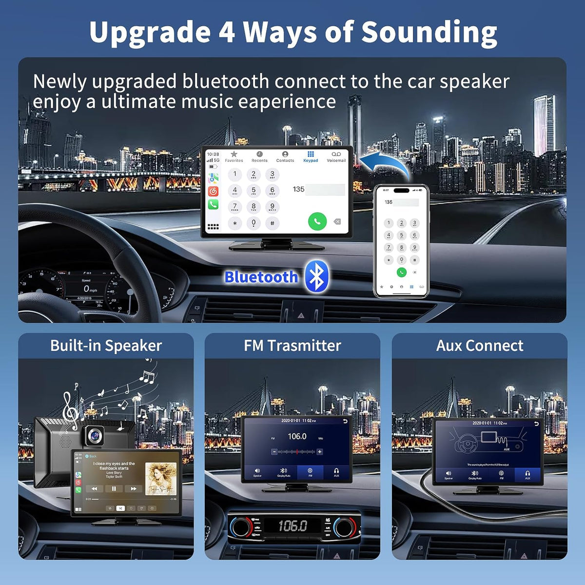 Carplay Screen for Car, 9" Portable Wireless Carplay Screen with 4K Dash Cam, 1080P Backup Camera, Car Stereo for Carplay & Android Auto GPS Navigation/Bluetooth/Mirror Link/Voice Control/AUX/FM/Siri