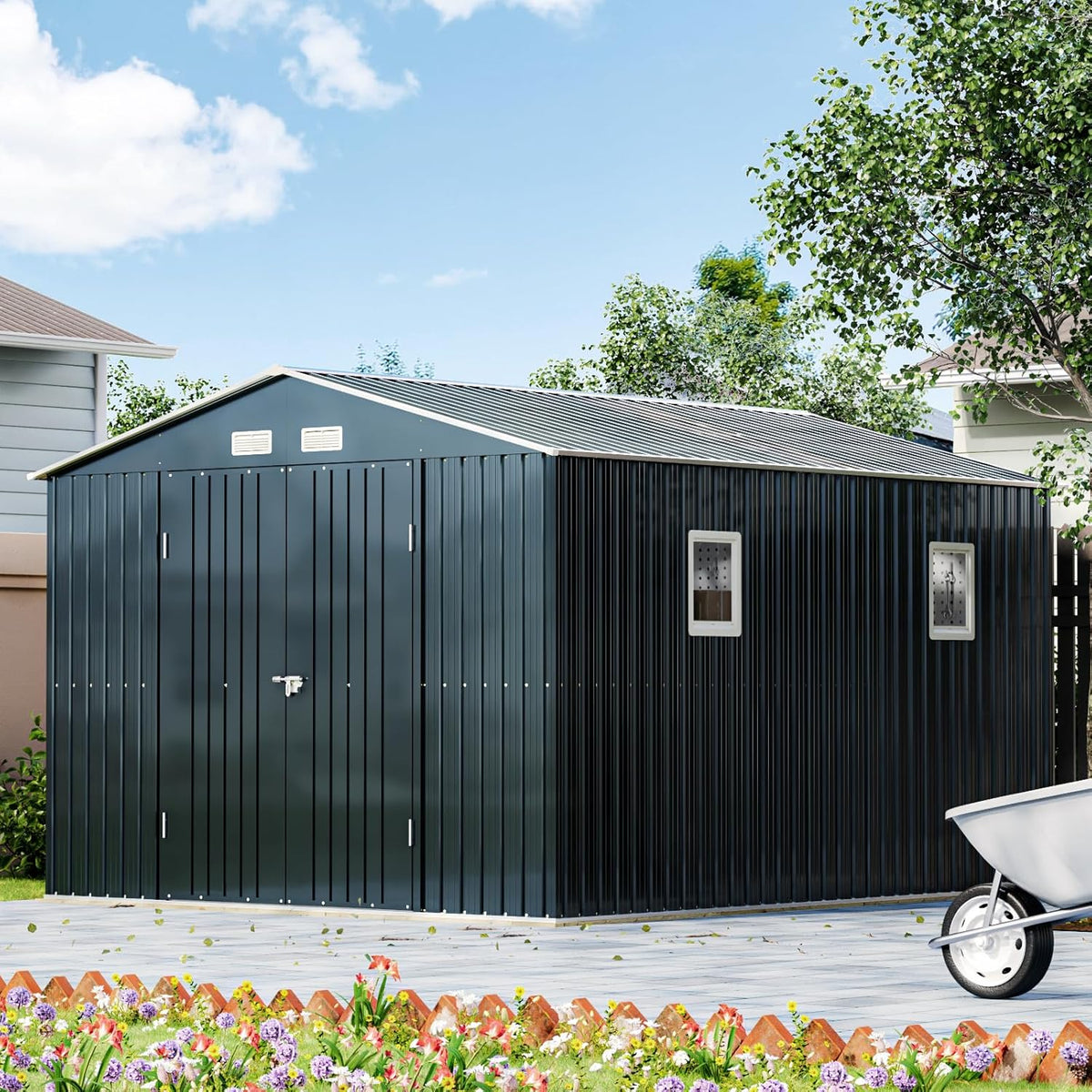 10X12X7.5 FT Outdoor Steel Storage Shed with Lockable Doors, 2 Windows, Transparent Roof Panels, Metal Frame Floor (Wood Panels Not Included), Ideal for Backyard, Patio Storage,Chicken Coop