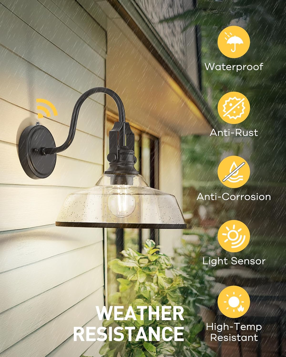 kudos Dusk to Dawn Outdoor Wall Sconce, Exterior Garage Light Fixtures, Farmhouse Waterproof Outdoor Gooseneck Barn Light Motion Sensor, Seeded Glass 1 Pack, KDOWL05-BK-S-LC