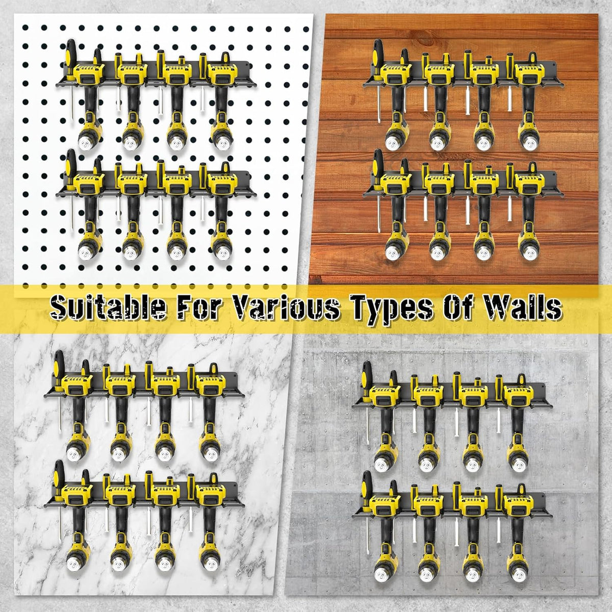 Drill Holder Wall Mount, Power Tool Organizer, Heavy Duty Metal Tool Storage with 8 Drill Racks for Garage Workshop Shed Pegboard Basement, 2 Pcs