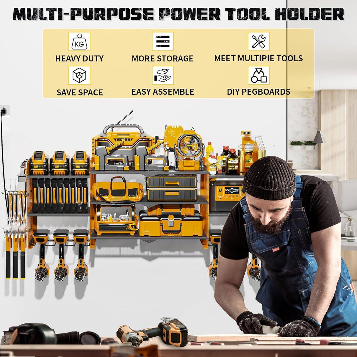 45" Large Power Tool Organizer Wall Mount with Charging Station - 3 Layer Storage Racks with 8 Cordless Drill Holder, 4 Hooks, Heavy Duty Garage Tool Organizer Storage for Workshop Pegboard Basement