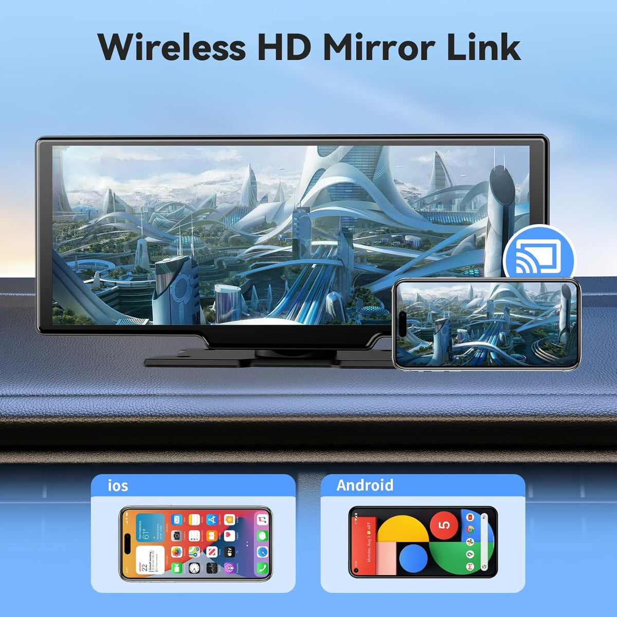 10.26" HD Wireless Car Stereo for Carplay & Android Auto, Portable Touch Screen for Car, 4K Dash Cam, 1080P Backup Camera, Bluetooth, AUX/FM, Googel, Siri, Mirror Link, GPS Navigation