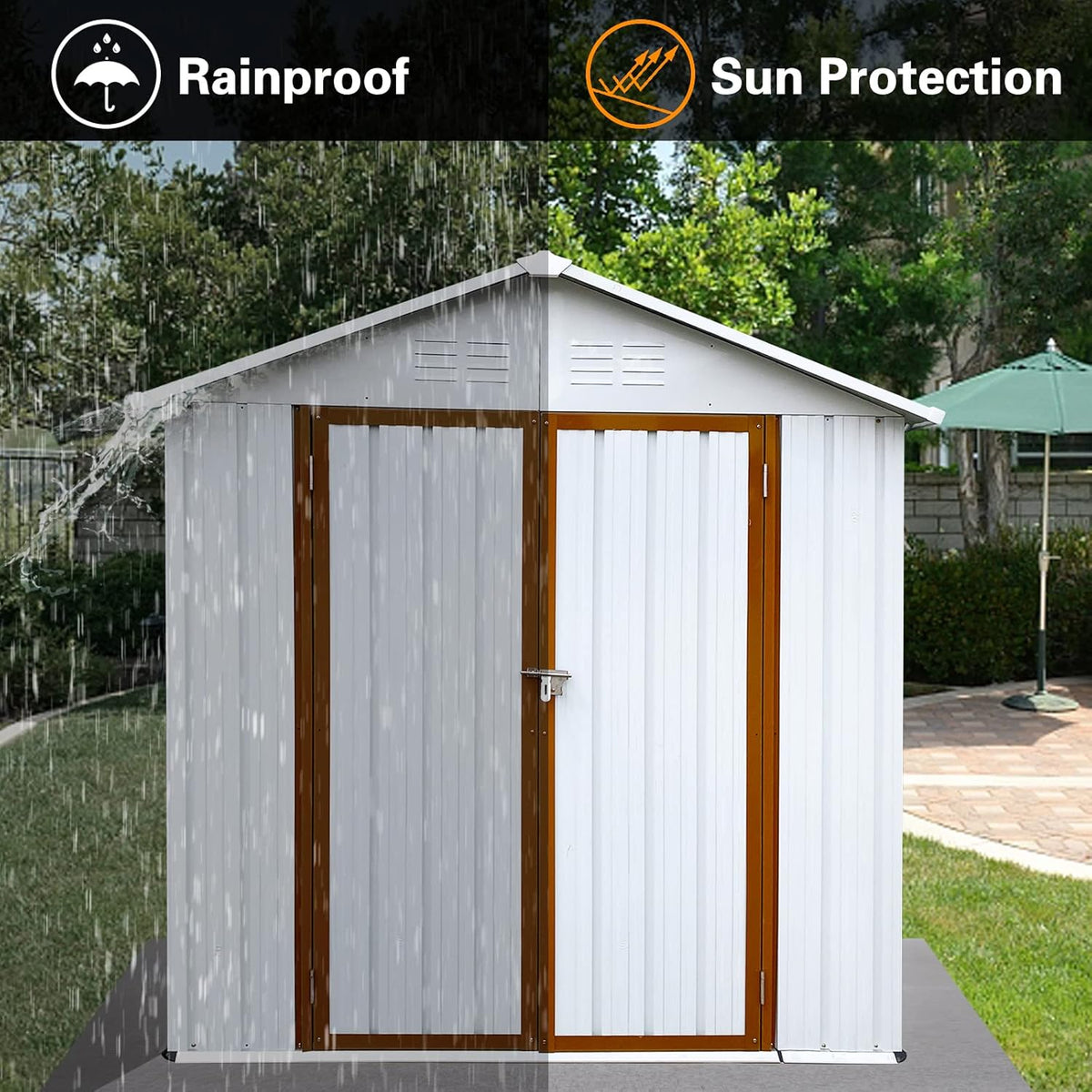 4x6 FT Outdoor Metal Storage Sheds with Apex Roof,Single-Storey Waterproof Roofed Structure Garden Shed w/Lockable Doors,for Lawn Equipment Tool Sundries,White+Yellow