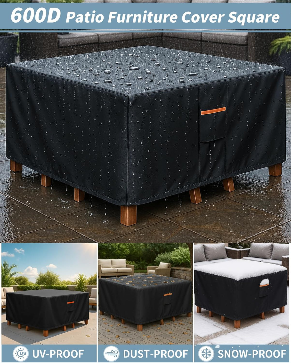 Outdoor Waterproof Furniture Cover, 74W x 74L x 28H inches Heavy Duty 600D Square Table and Chair Set Protection, Black