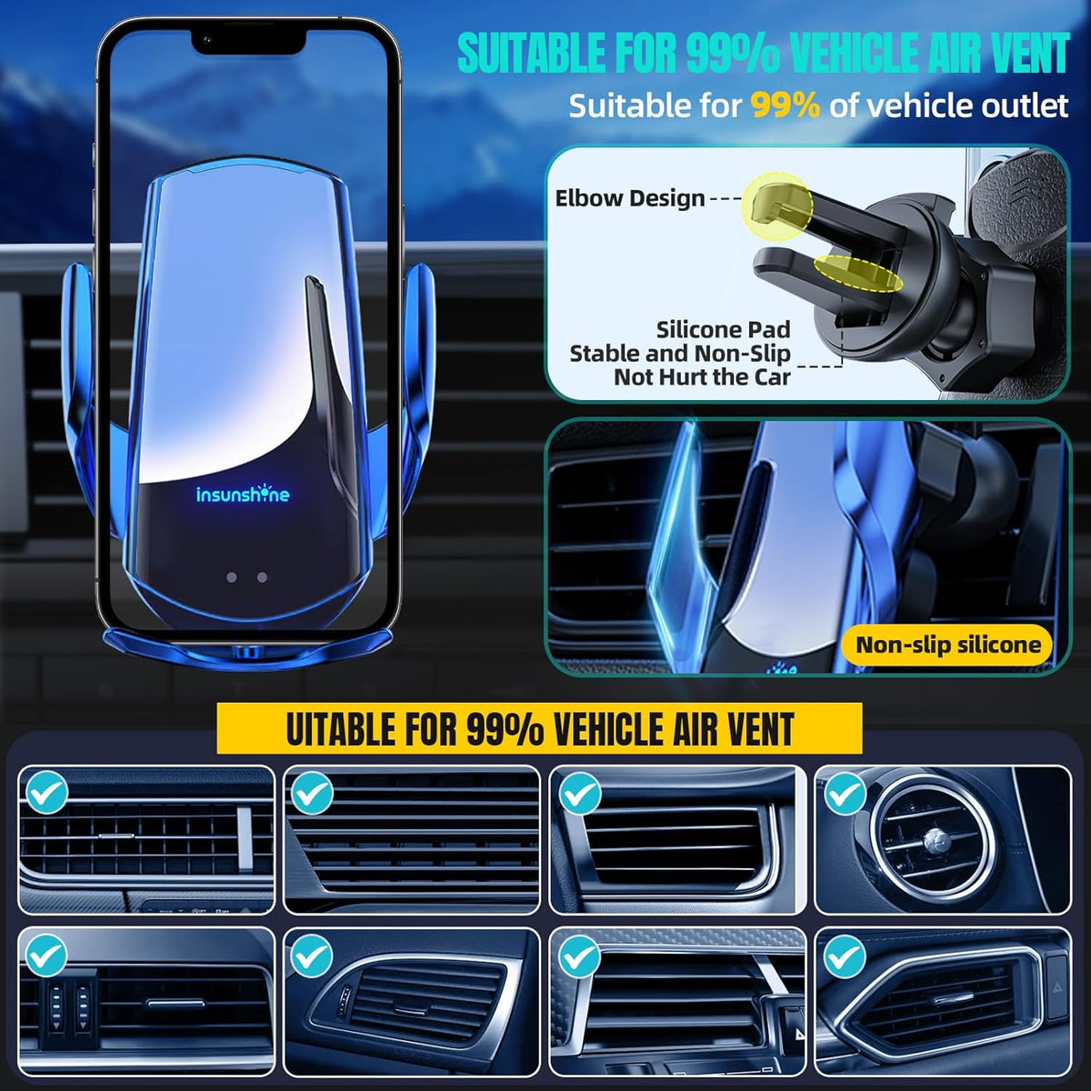 Wireless Car Charger, MAX 15W Fast Charging Auto Clamping, Sensing Phone Holder Mount, fit for iPhone 16 15 14 13 12 Pro Max Xs X, Samsung Galaxy S24 Ultra S23 S22 S21 S20 Note 20 (3-Blue)