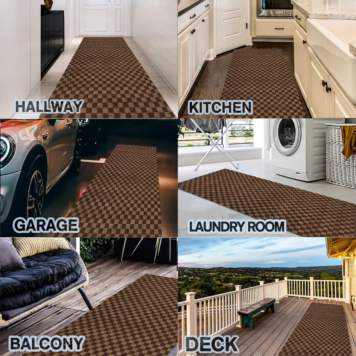 Custom Size Backed Non-Slip Area Rugs Runner, Easy Clean, Waterproof Runner Rugs for Hallway Entryway, Kitchen, Laundry, 3FT x 43FT, Brown Checkered