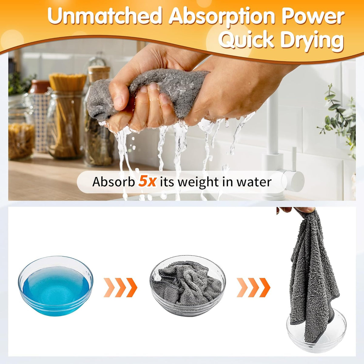 FIXSMITH Microfiber Cleaning Cloth -Pack of 8, Highly Absorbent Cleaning Rags(Grey&Orange), 16"X12" All Purpose Cleaning Towels for Housekeeping, Kitchen, Car, Reusable Microfiber Towels