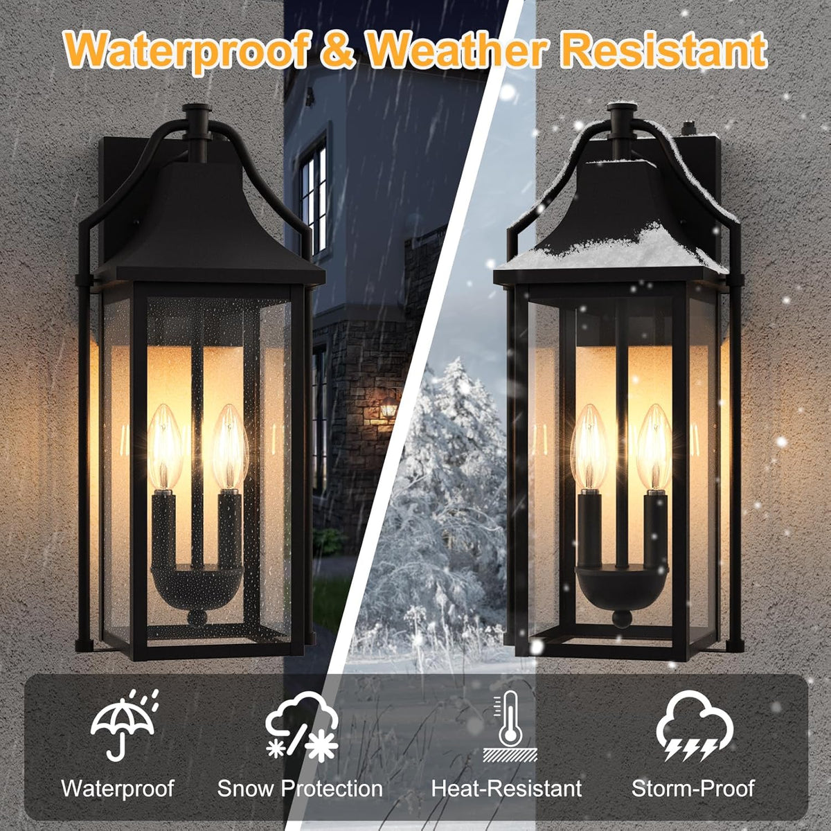 πππ°π΅ Outdoor Wall Sconce Fixture, Dusk to Dawn Patio Lights Waterproof Exterior Lanterns, 2-Light Modern Wall Light Mounted with Glass, Black Outside Lights for House Front Door Entryway