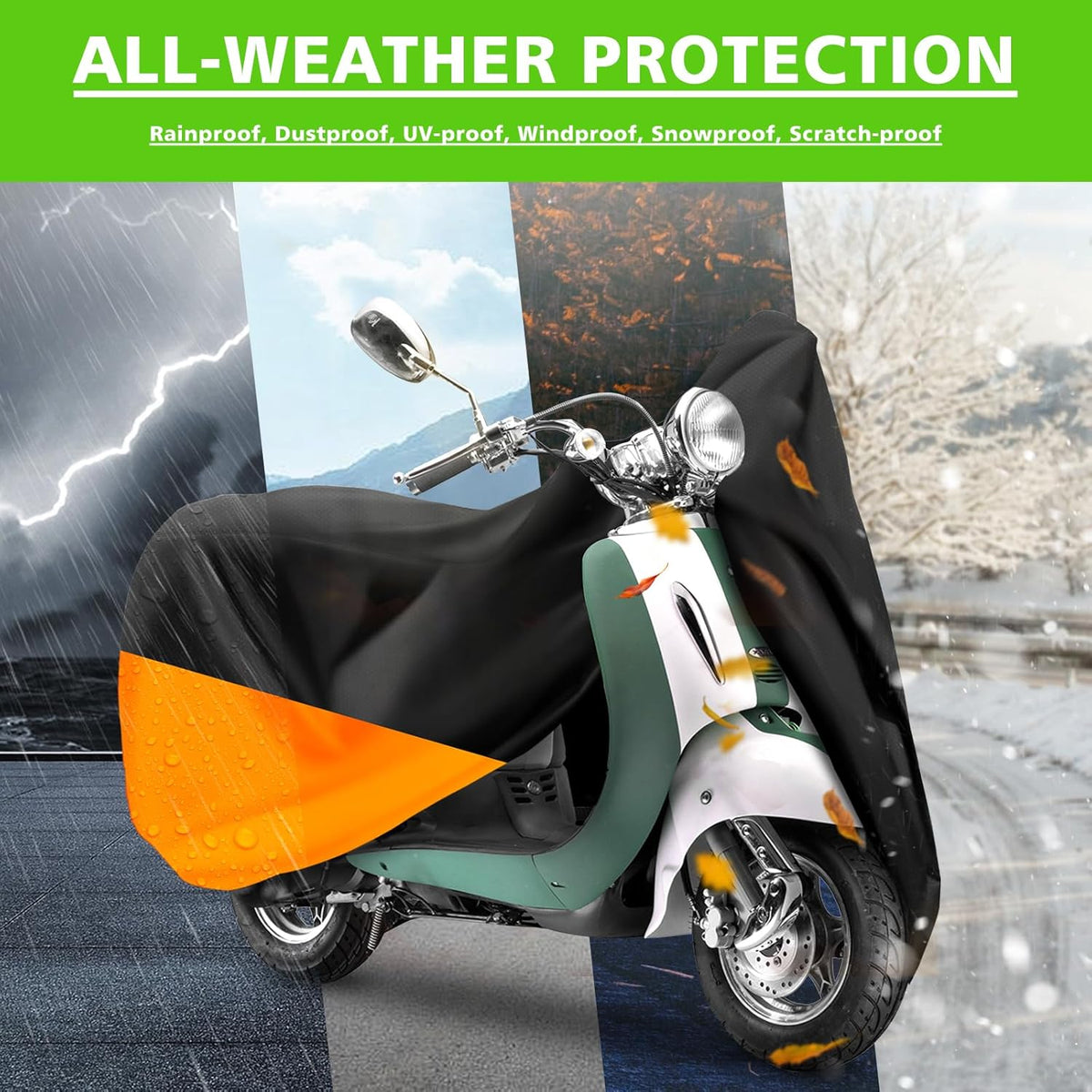 COVERVIN Scooter Outdoor Waterproof Cover, Moped Cover Vespa Cover for Honda Ruckus Yamaha 60″ Long (XS, Black Orange)