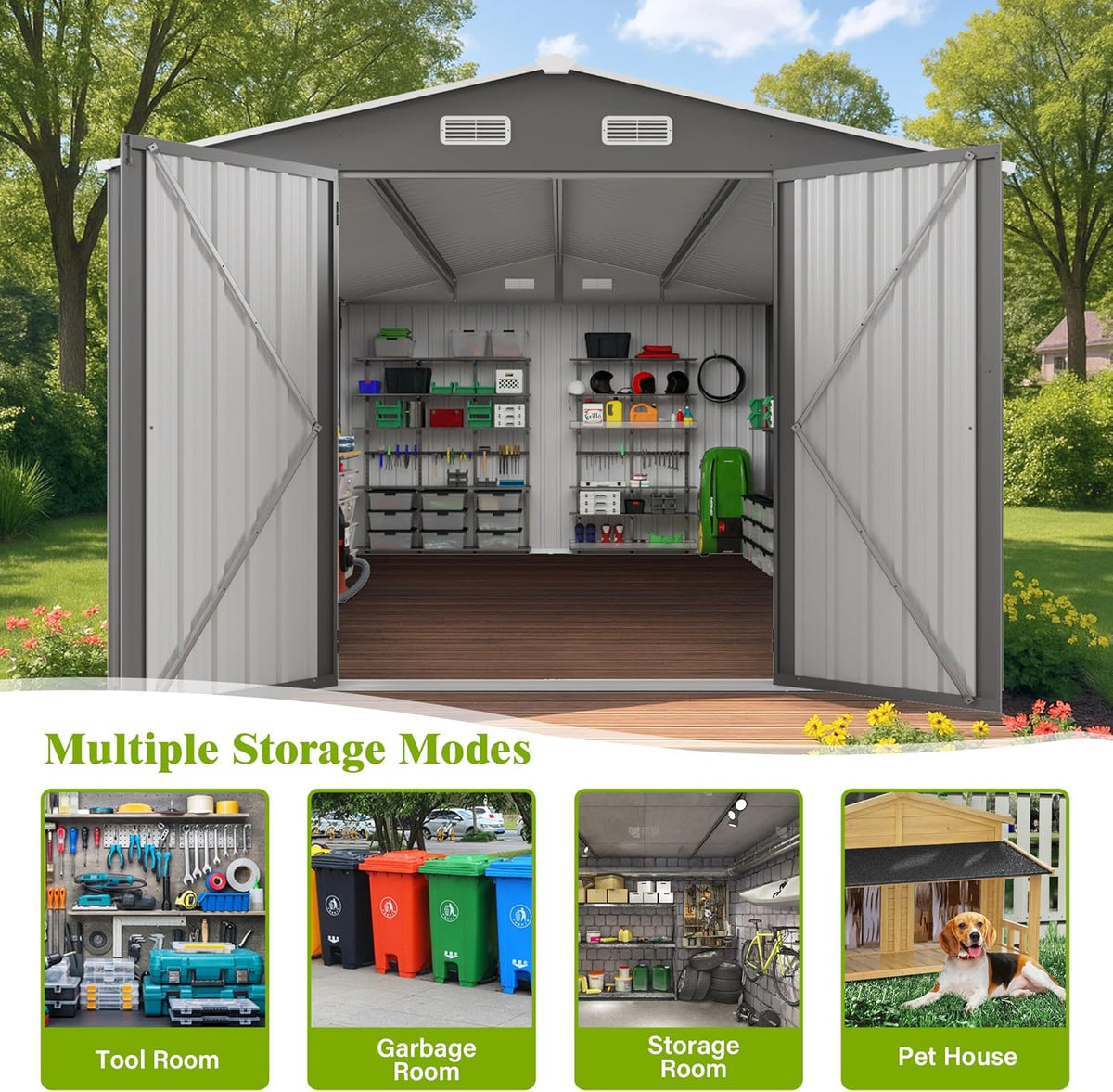 10x14 FT Outdoor Storage Shed with Window, Metal Sheds & Outdoor Storage with 3 Lockable Door and 4 Vents, Outside Storage Shed Waterproof for Backyard, Garden, Patio, Gray