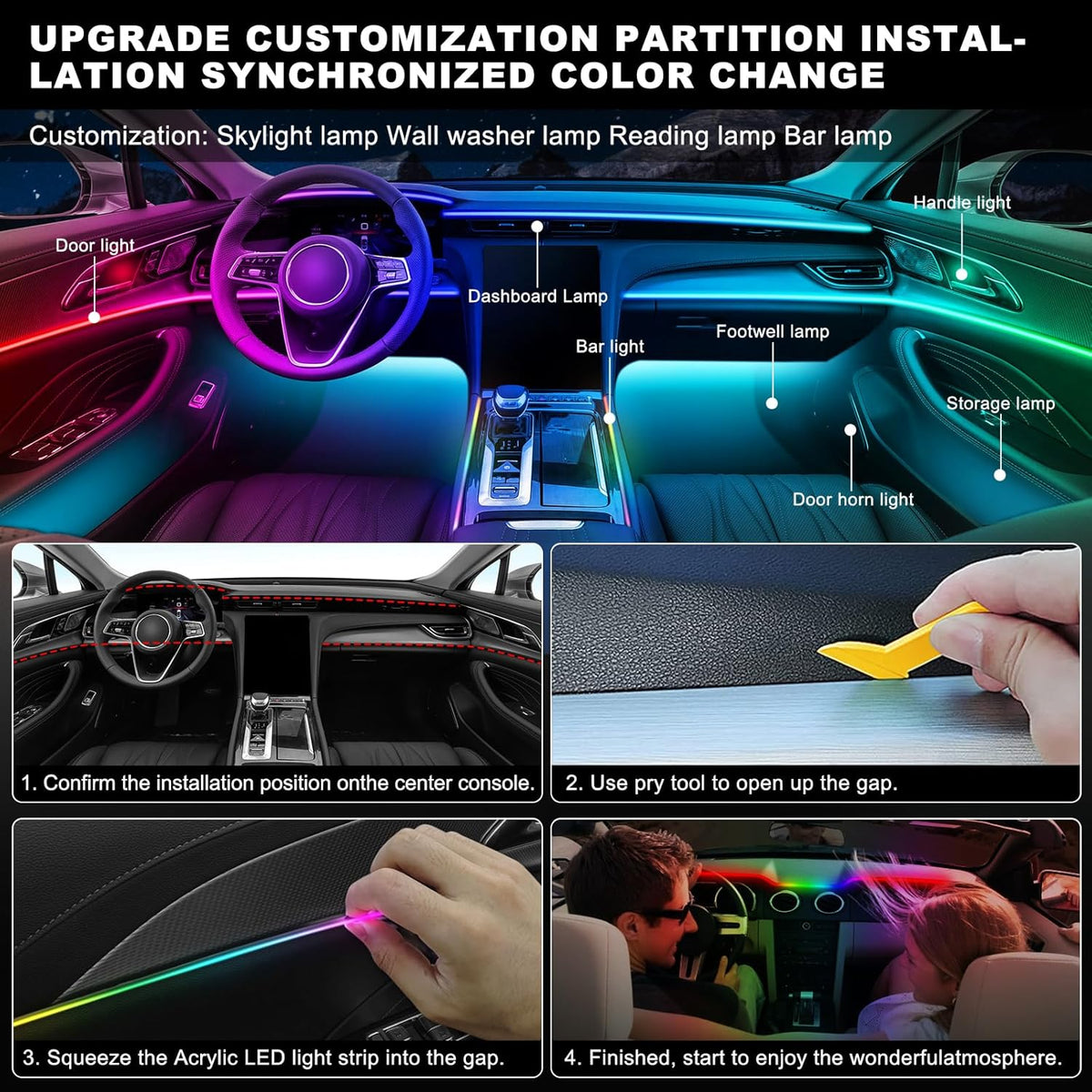 Dreamcolor Acrylic Interior Car LED Strip Light with Wireless APP, RGB 22 in 1 with 175 inches 600 LEDs Fiber Optic Car Ambient Lighting Kits, Dual Zone Sound Active Function LED Strip for Car