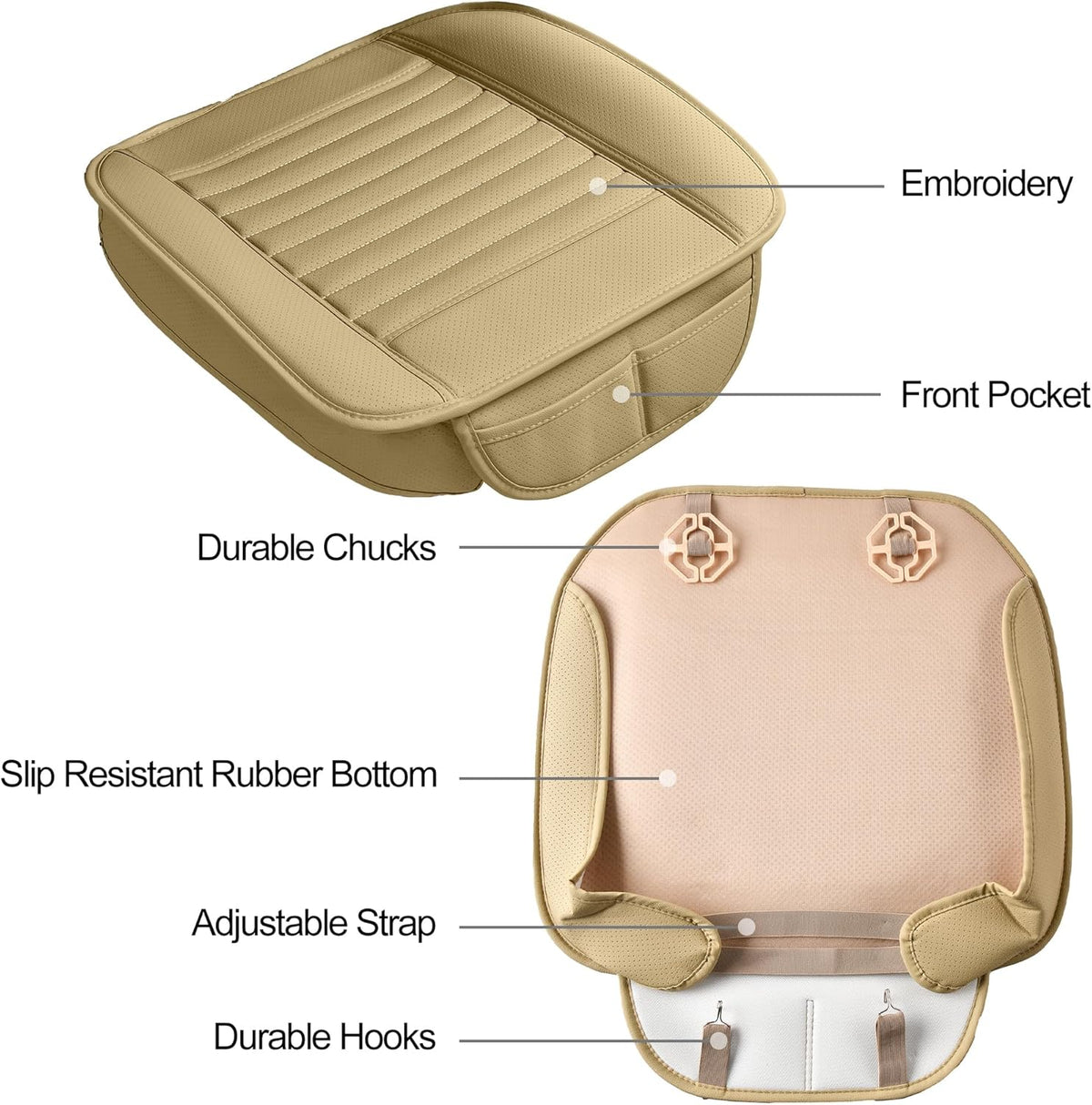 1pc Edge Wrapping Comfortable Car Front Seat Cover Cushion Pad Mat Protector, Anti-Slip Bottom Seat Cushion Cover for Auto with PU Leather(Beige)