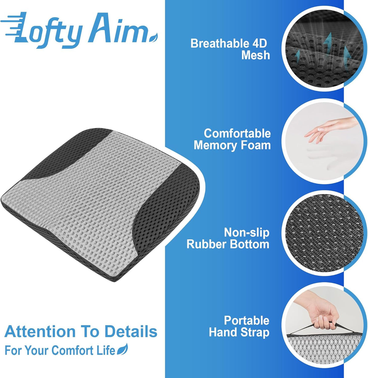 Car Seat Cushion, Comfortable Memory Foam Seat Pillow for Driving, Sciatica-Back Pain Relief, Cushion for Car-Truck, Office, Wheelchair - Mesh Black&Gray
