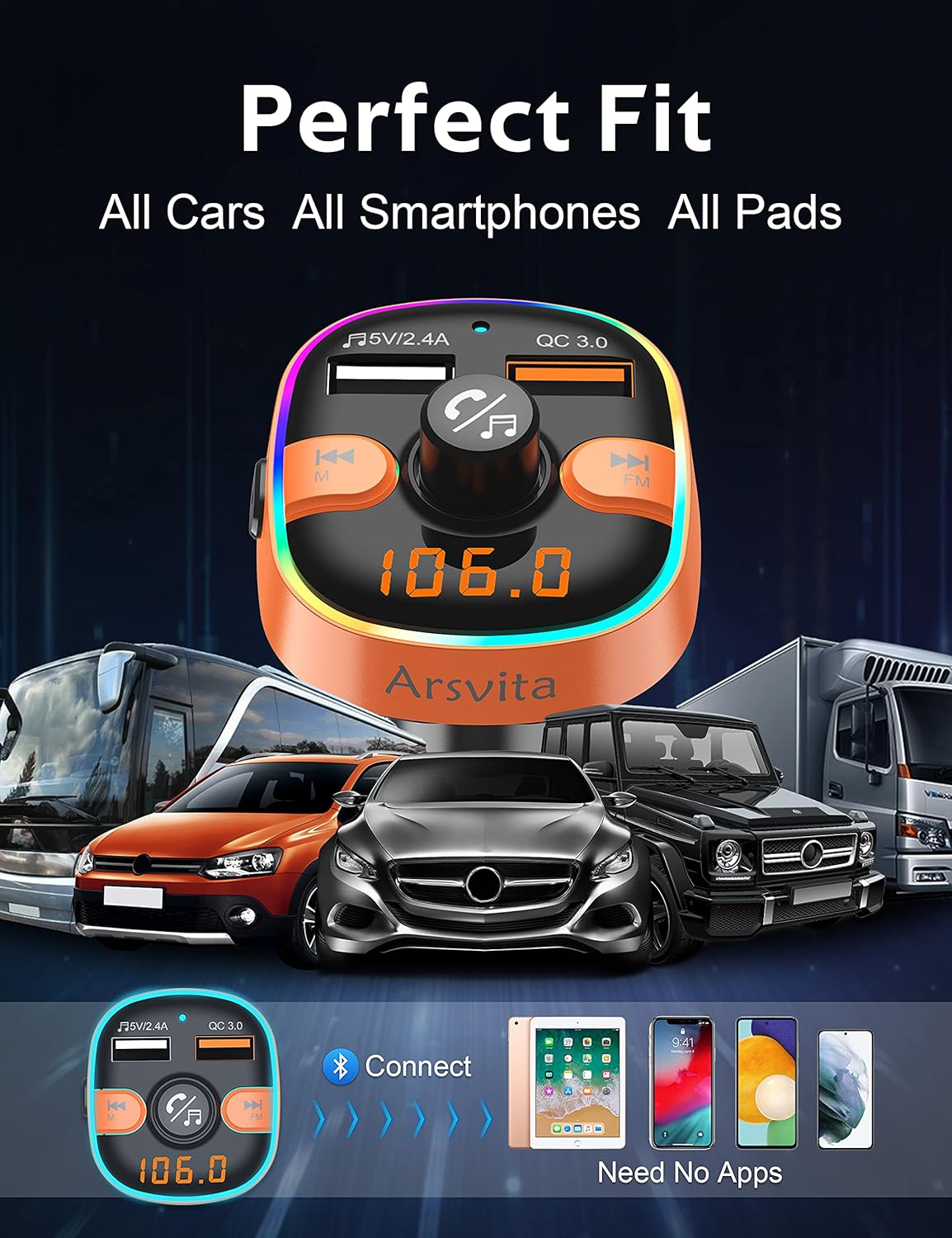 Upgraded Arsvita Bluetooth FM Transmitter for Car, Radio Receiver/Audio Adapter with Dual Car Charger, Support QC3.0 Quick Charging, Hands-Free Calling and Hi-Fi Sound Playback, Orange