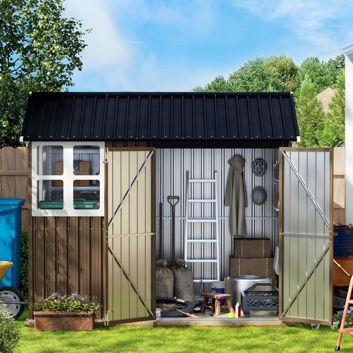 8X6FT Outdoor Steel Storage Shed with Lockable Doors, One Window,Ideal for Garden, Backyard, Patio Storage,Brown
