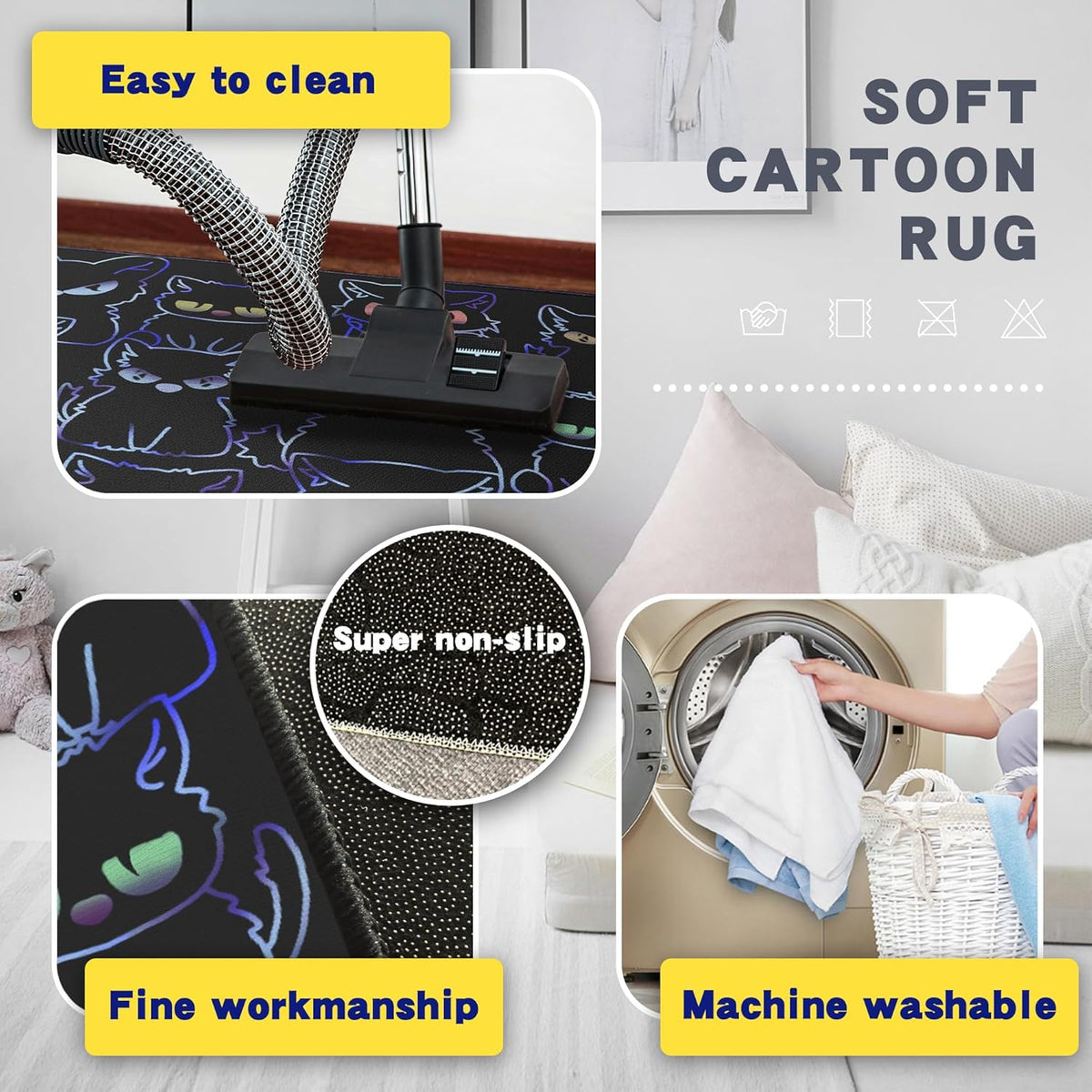 Black Play Cat Rug for Playroom for Boys Girls 59"x39" Funny Cute Cat Cartoon Decor for Bedroom Living Room Non-Slip Comfy Floor Casual Mat Carpet Washable