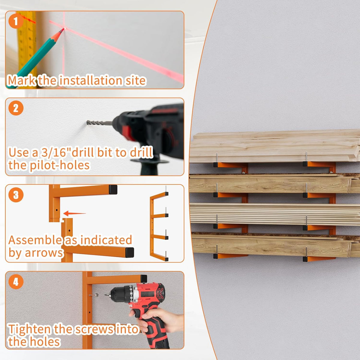 2-Pack Lumber Storage Rack, Wood Storage Racks Wall Mount, Heavy Duty Garage Wood Organizer With 4-Level System, Orange Utility Rack Organization Up 800 Lbs, Metal Lumber Shelf for Indoor and Outdoor