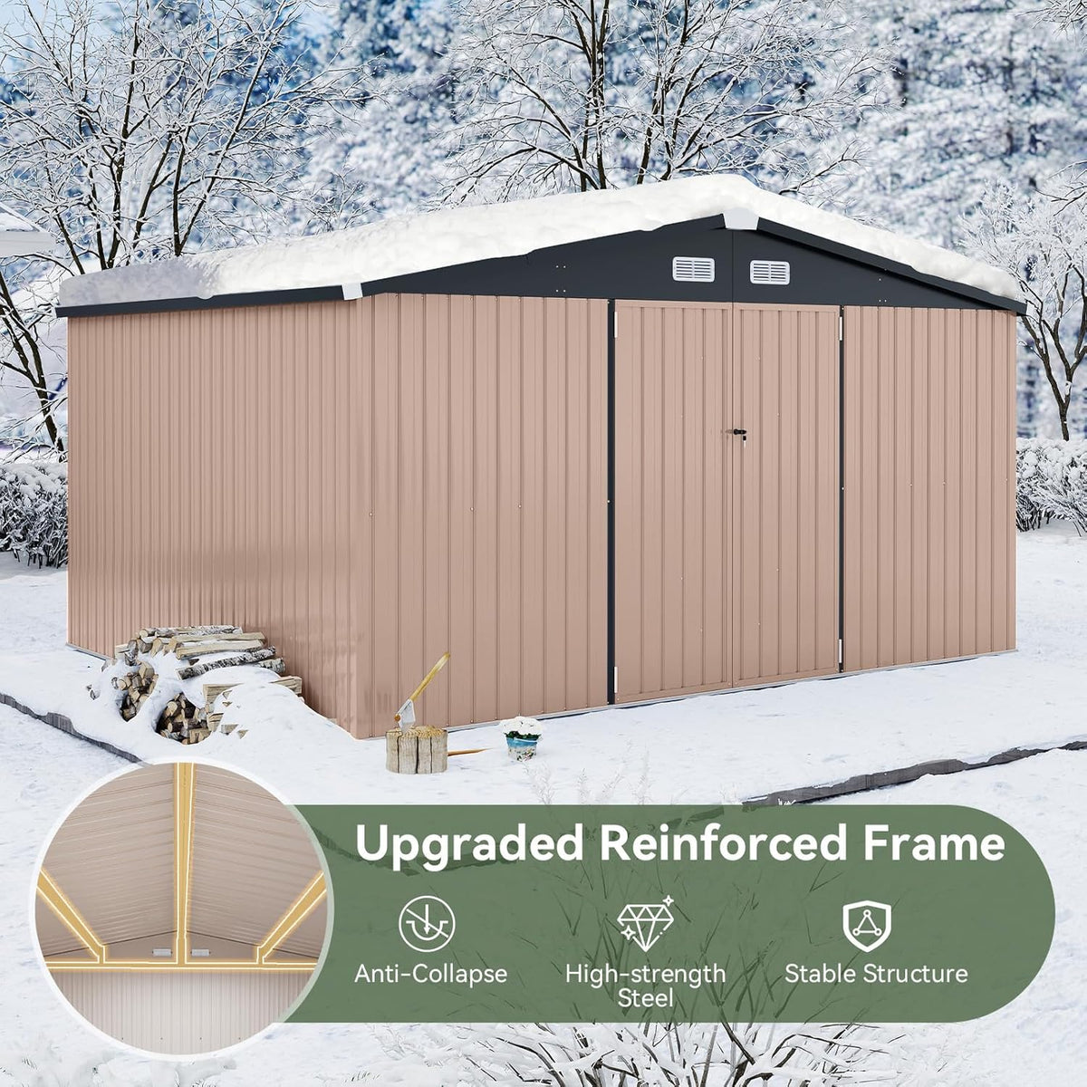 Aoxun 12x10 FT Shed Outdoor Storage Shed with Spacious Doors, Large Shed Steel Utility Tool Shed Storage House with Door & Lock, Metal Sheds with Sloped Roof for Garden Patio Lawn Poolside, Brown
