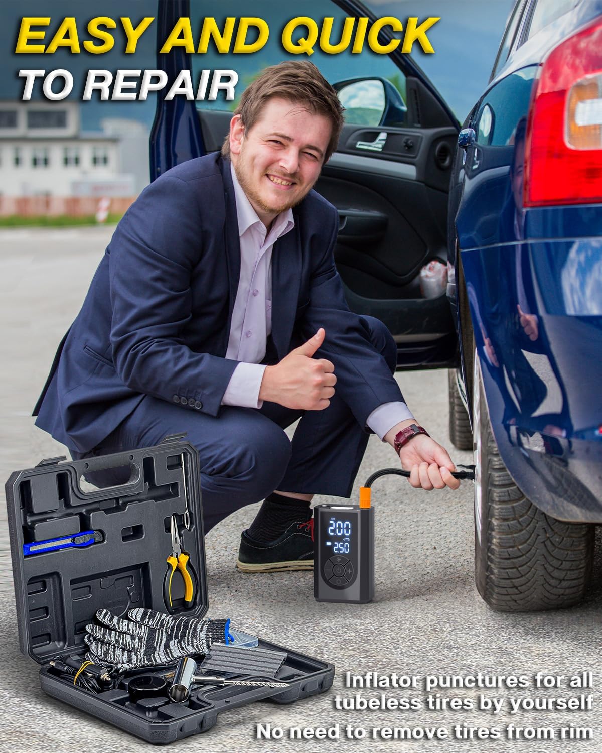 Tire Repair Kit with Portable Air Compressor, Tire Plug Kit 58PCS with Cordless Tire Inflator (150 PSI) for Car, Motorcycle, Tractor, Truck, Ball